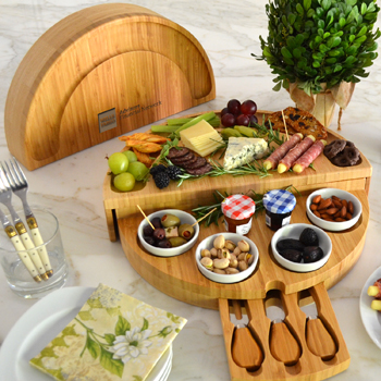 Bamboo Swivel Cheese / Charcuterie Board with 4 integrated ceramic bowls and 3 piece knife set